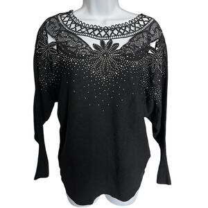 Daniel black long sleeve shirt jeweled embroidered crochet cutout neck S/M NWT